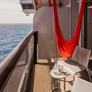 A balcony cabin on a Virgin Voyages ship