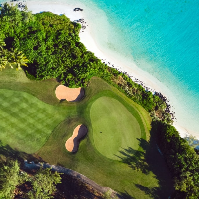 Golf course located next to the ocean in the mauritius